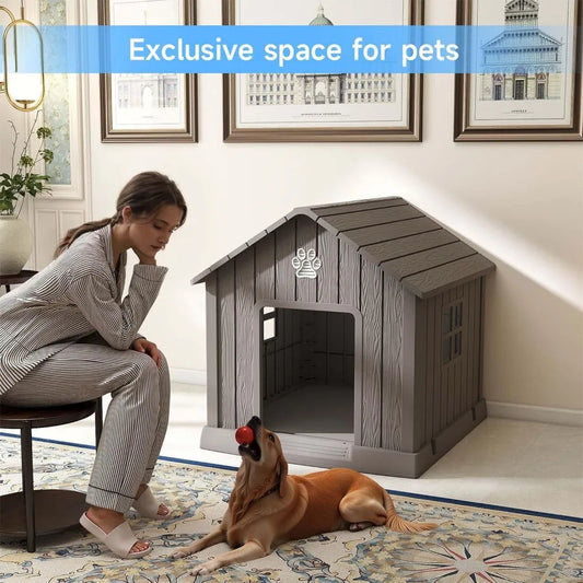 2025 Viral Weatherproof Dog House Kennel - Indoor Outdoor Resin Shelter Elevated Floor Air Vents Dazzle