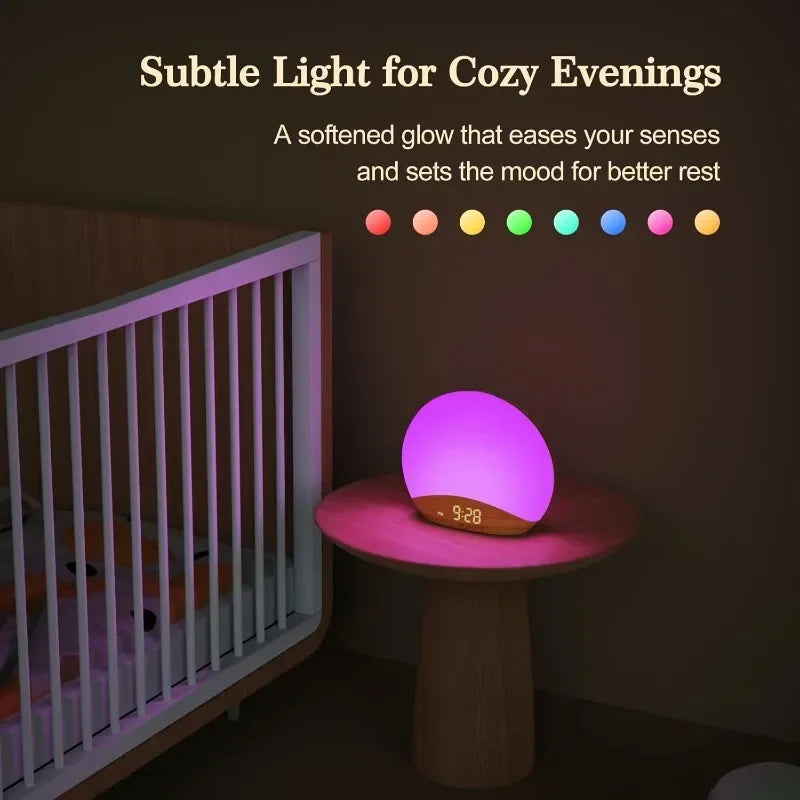 2025 Viral Wood Grain Sunrise Alarm Clock - 26 Soothing Sounds Gentle Wake Dimmable Night Light