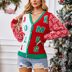 Christmas Sweater Red Casual Letter Jacquard V-neck Knitted Cardigan Dazzle Frenzy