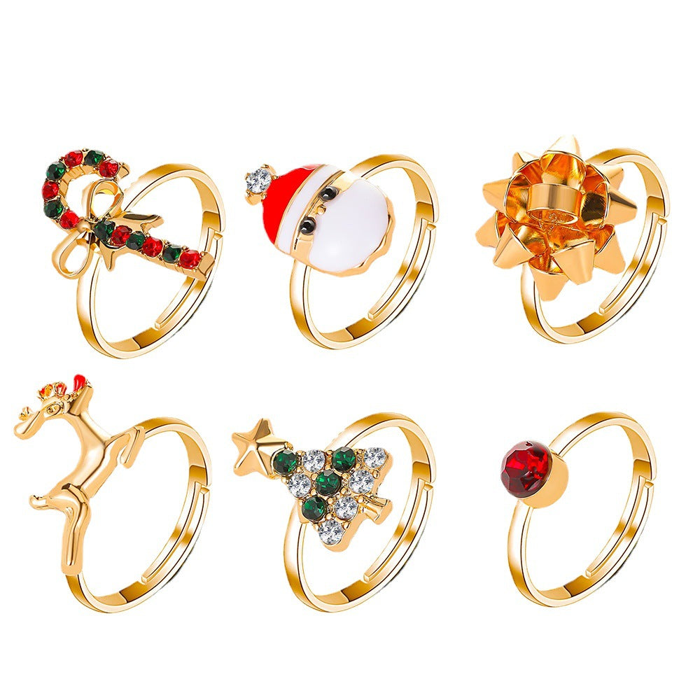 6pcs Santa Claus Christmas Tree Elk Rings Cute Cartoon Christmas Open Adjustable Ring Oil Drop Jewelry kfghf899 Store