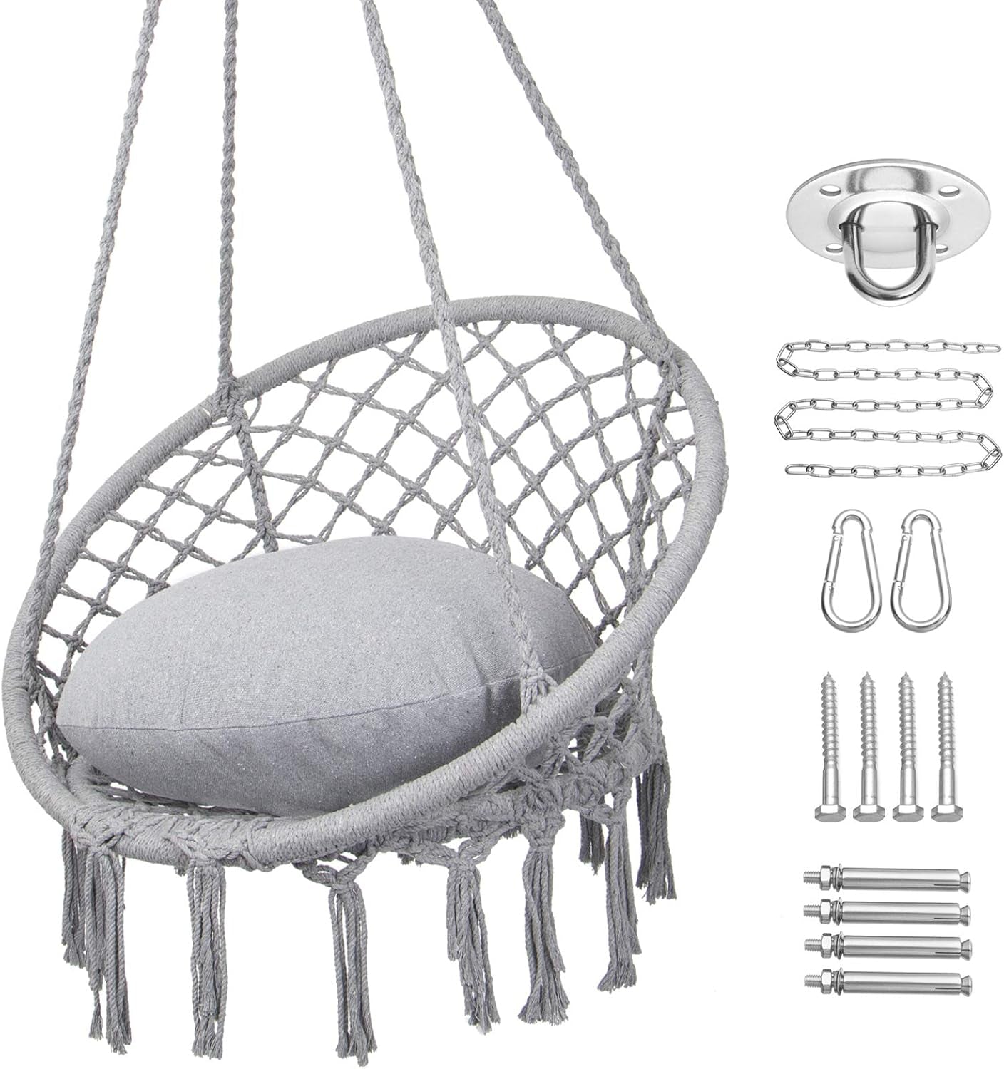 2025 Viral Macrame Hammock Chair Swing - Bohemian 330lbs Cotton Rope Hanging Chair Light Grey