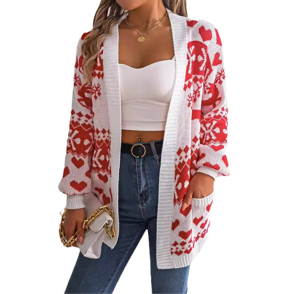 2024 Christmas Clothes Women's Open Front Cardigan Knitwear Lantern Sleeve Xmas Printed Oversized Deer Sweater Pockets Knitted Dazzle Frenzy