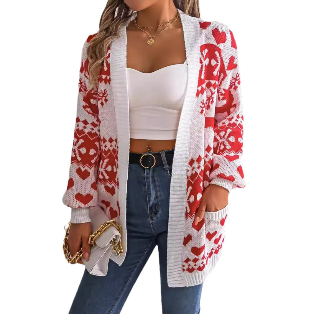 2024 Christmas Clothes Women's Open Front Cardigan Knitwear Lantern Sleeve Xmas Printed Oversized Deer Sweater Pockets Knitted Dazzle Frenzy