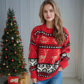 Christmas Casual Red Deer Jacquard Women's Long-sleeved Round Neck Sweater Dazzle Frenzy