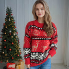 Christmas Casual Red Deer Jacquard Women's Long-sleeved Round Neck Sweater Dazzle Frenzy