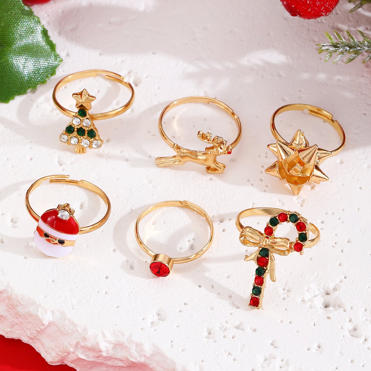 6pcs Santa Claus Christmas Tree Elk Rings Cute Cartoon Christmas Open Adjustable Ring Oil Drop Jewelry kfghf899 Store