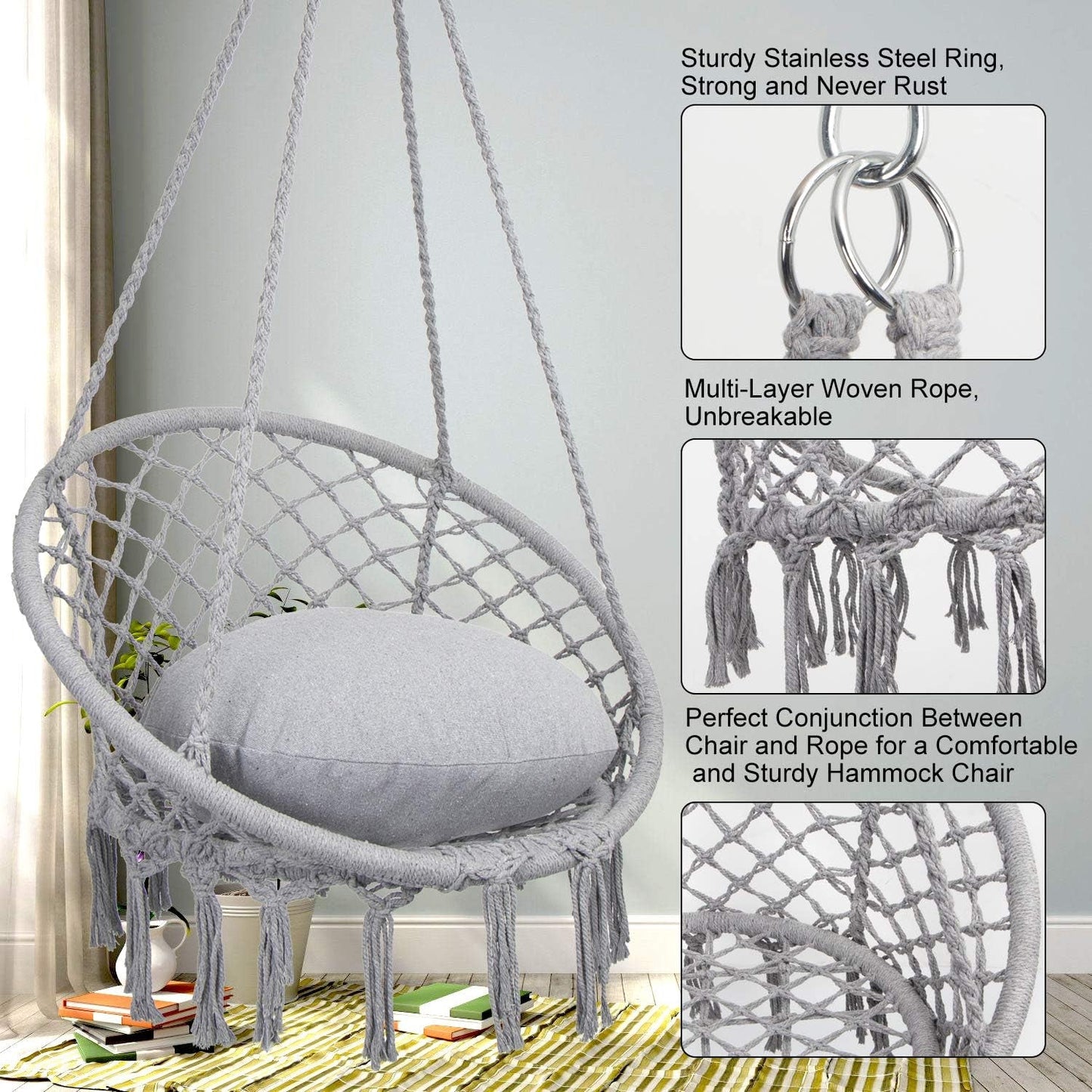 2025 Viral Macrame Hammock Chair Swing - Bohemian 330lbs Cotton Rope Hanging Chair Light Grey