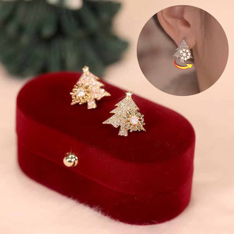 Rotatable Christmas Tree Earrings Shiny Rhinestone Snowflake Stud Earring New Year Xmas Festival Ear Jewelry Gifts Autumn And Winter kfghf899 Store