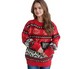 Christmas Casual Red Deer Jacquard Women's Long-sleeved Round Neck Sweater Dazzle Frenzy
