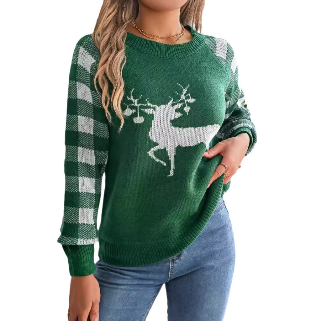 Christmas Women's Casual Plaid Deer Long Sleeve Pullover Sweater Dazzle Frenzy