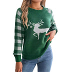 Christmas Women's Casual Plaid Deer Long Sleeve Pullover Sweater Dazzle Frenzy