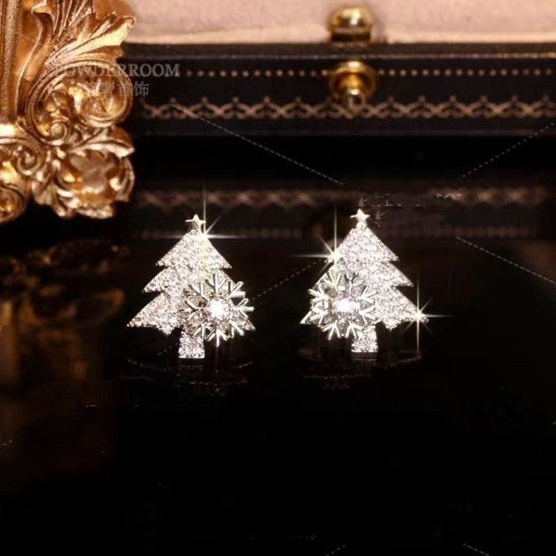 Rotatable Christmas Tree Earrings Shiny Rhinestone Snowflake Stud Earring New Year Xmas Festival Ear Jewelry Gifts Autumn And Winter kfghf899 Store