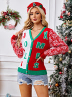 Christmas Sweater Red Casual Letter Jacquard V-neck Knitted Cardigan Dazzle Frenzy