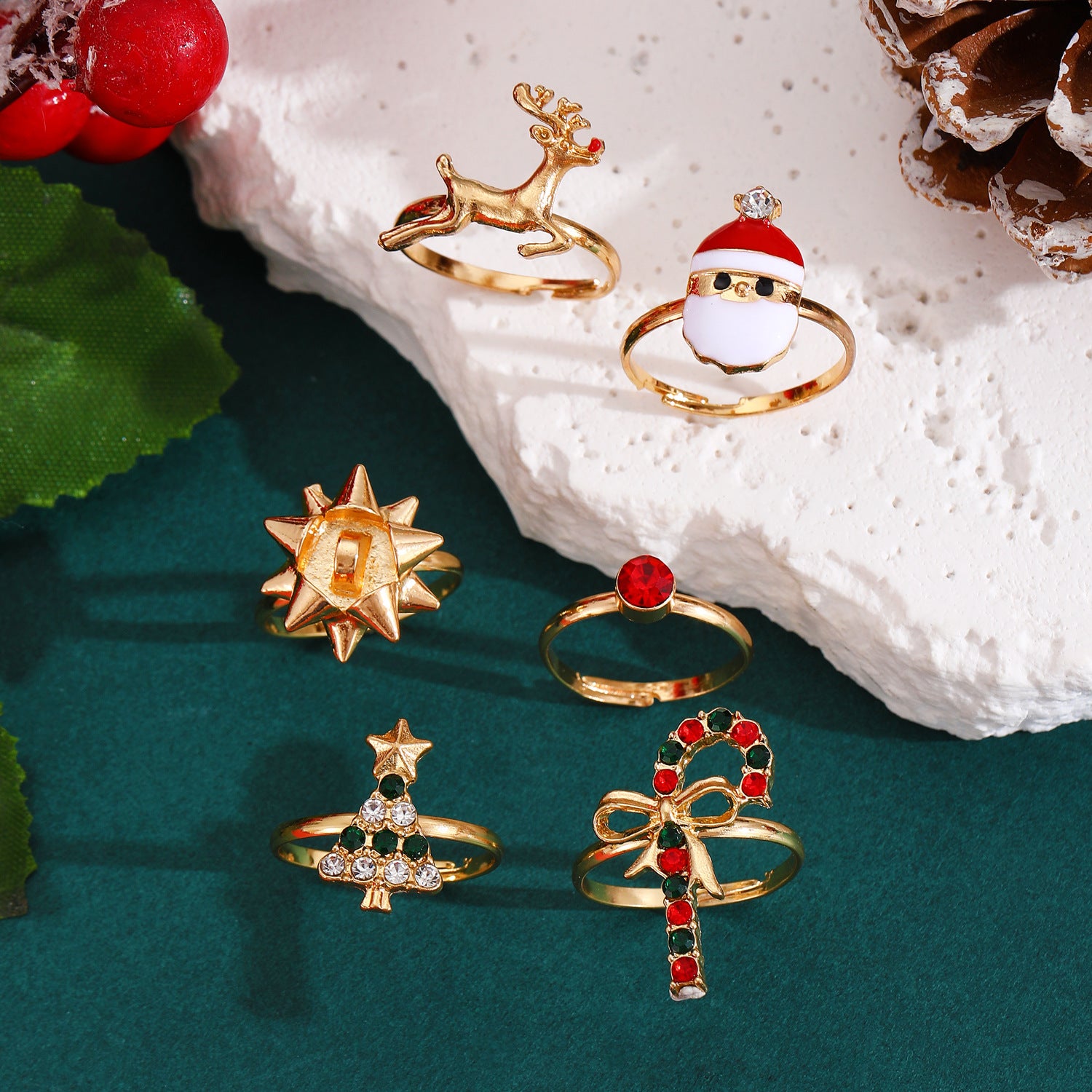 6pcs Santa Claus Christmas Tree Elk Rings Cute Cartoon Christmas Open Adjustable Ring Oil Drop Jewelry kfghf899 Store