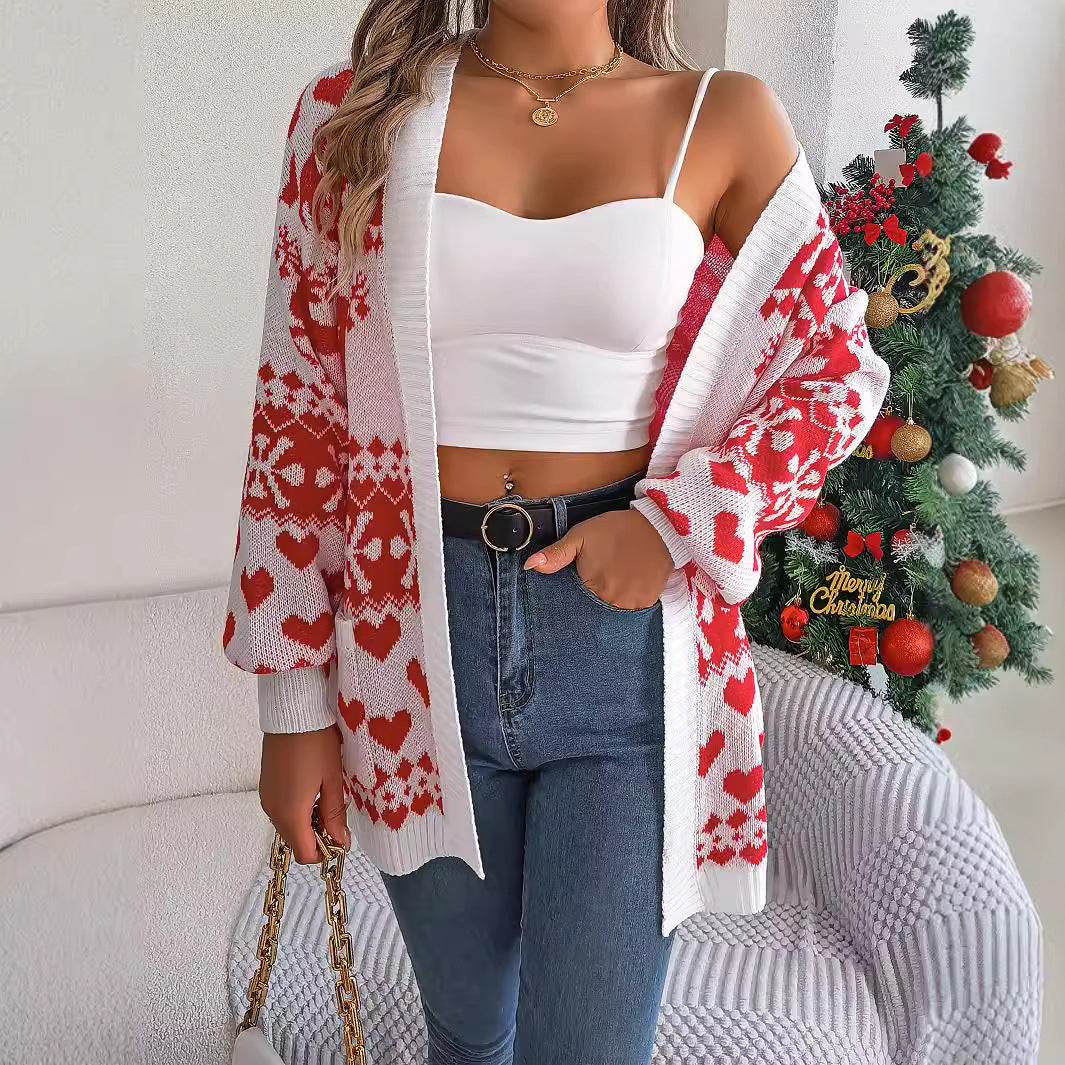 2024 Christmas Clothes Women's Open Front Cardigan Knitwear Lantern Sleeve Xmas Printed Oversized Deer Sweater Pockets Knitted Dazzle Frenzy