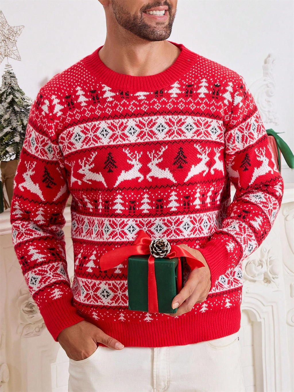 Christmas Sweater Men's Round Neck Loose Jacquard Knitwear kfghf899 Store