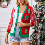 Christmas Sweater Red Casual Letter Jacquard V-neck Knitted Cardigan Dazzle Frenzy