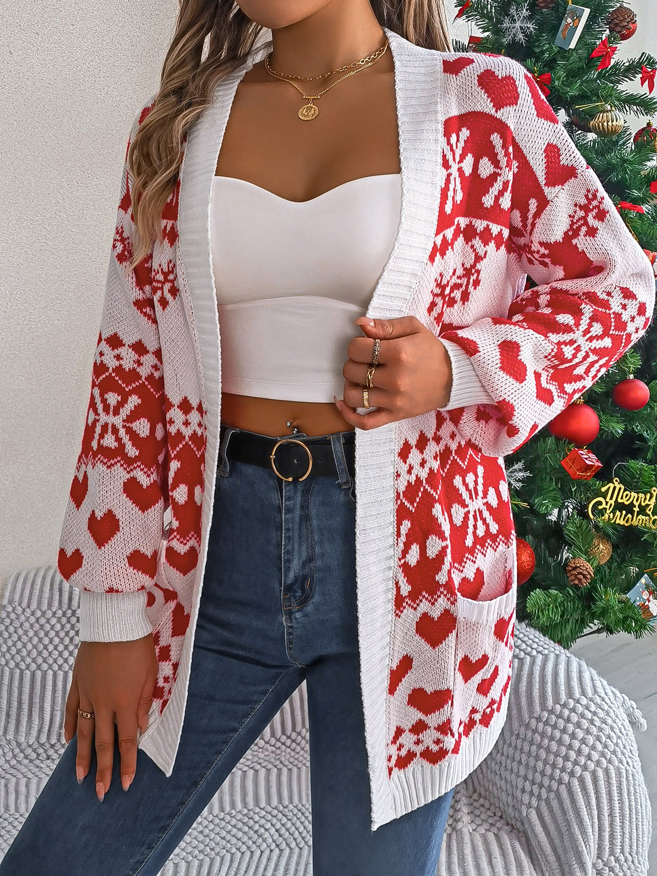 2024 Christmas Clothes Women's Open Front Cardigan Knitwear Lantern Sleeve Xmas Printed Oversized Deer Sweater Pockets Knitted Dazzle Frenzy