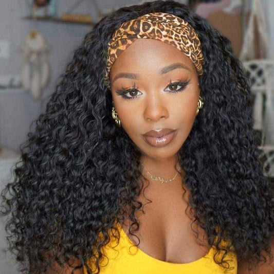 2025 Viral Rebasar Curly Headband Wig - 24" Deep Wave Glueless Human Hair Black Wig for Women