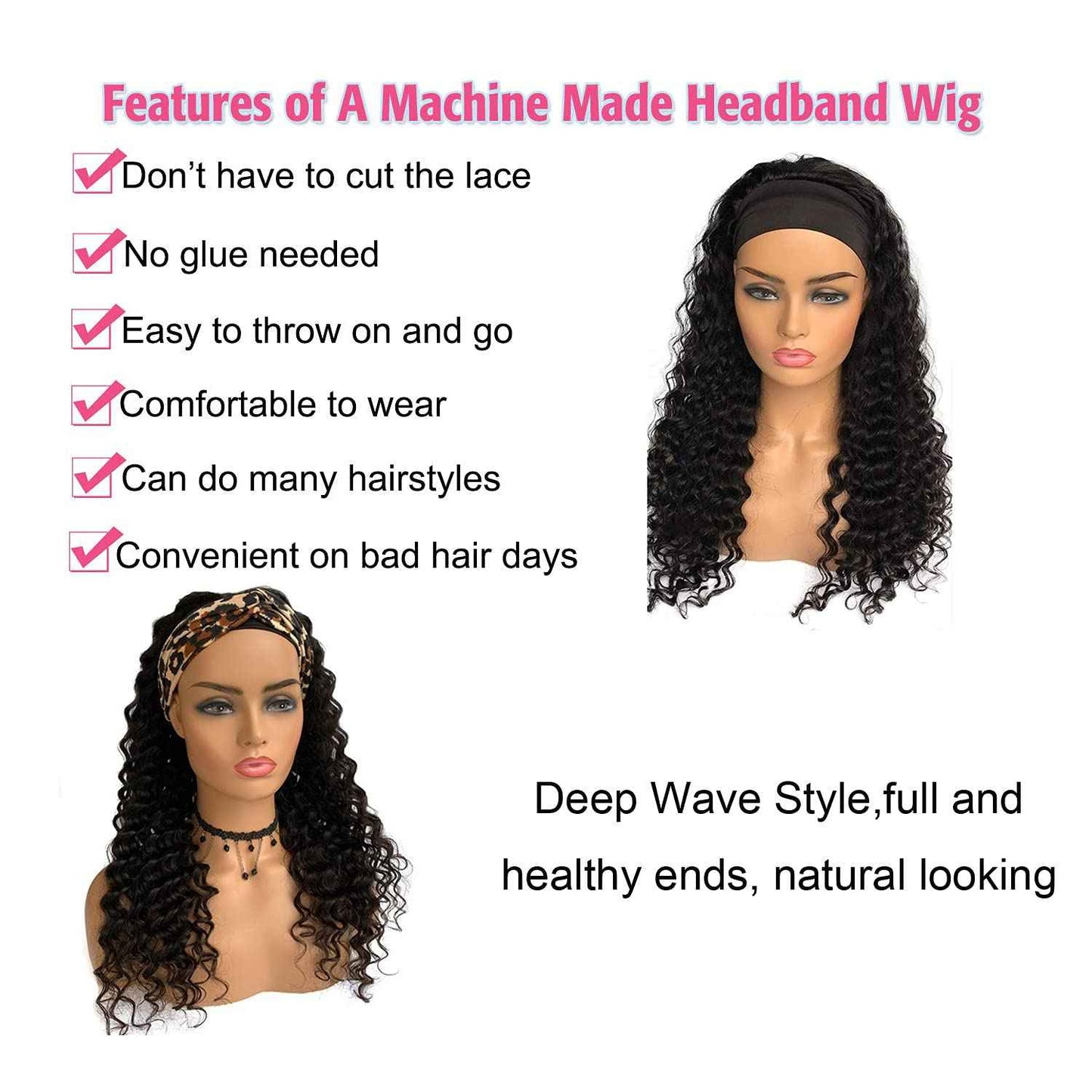 2025 Viral Rebasar Curly Headband Wig - 24" Deep Wave Glueless Human Hair Black Wig for Women
