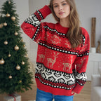 Christmas Casual Red Deer Jacquard Women's Long-sleeved Round Neck Sweater Dazzle Frenzy