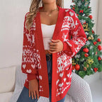 2024 Christmas Clothes Women's Open Front Cardigan Knitwear Lantern Sleeve Xmas Printed Oversized Deer Sweater Pockets Knitted Dazzle Frenzy