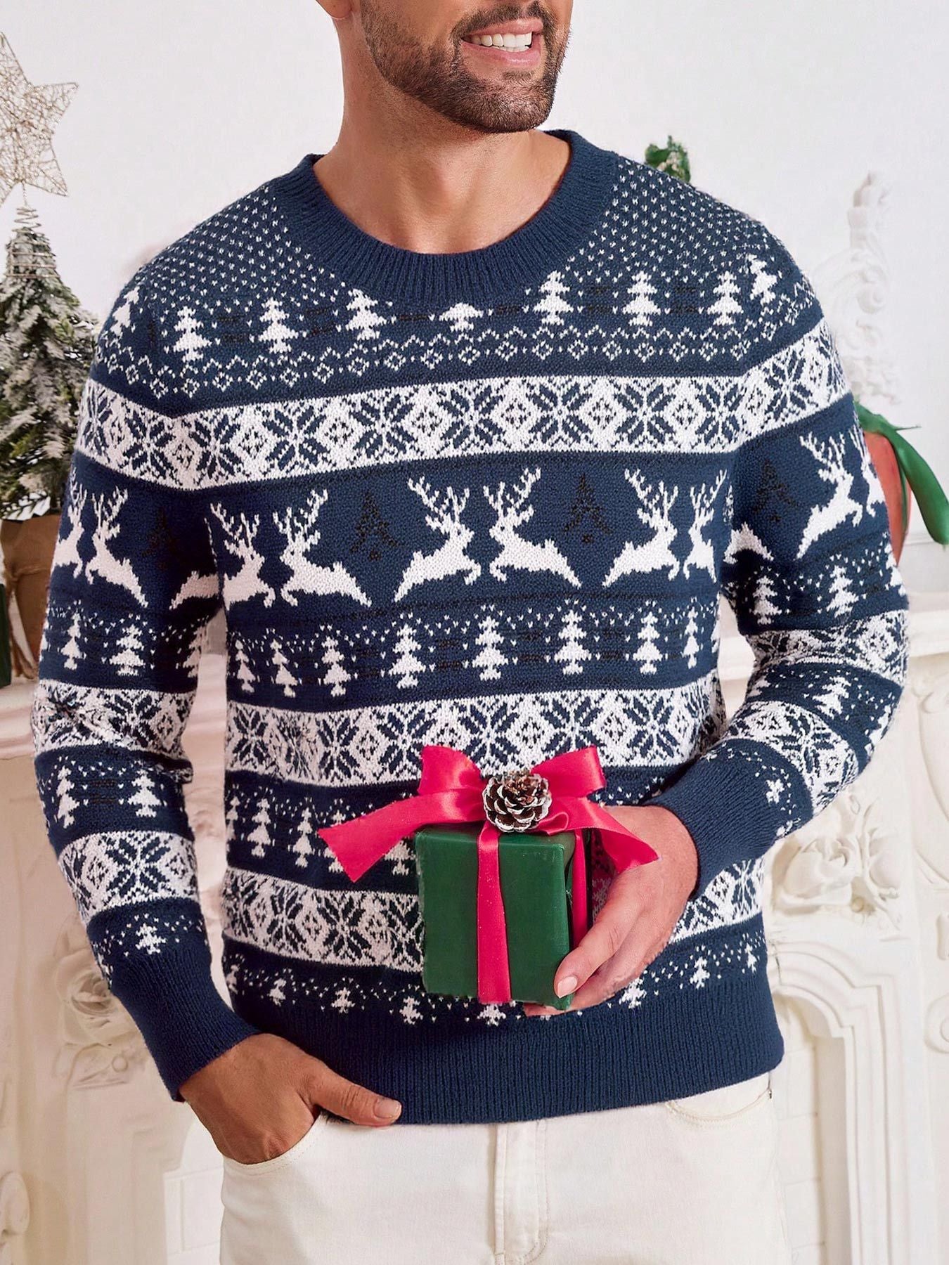 Christmas Sweater Men's Round Neck Loose Jacquard Knitwear kfghf899 Store