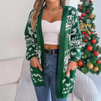2024 Christmas Clothes Women's Open Front Cardigan Knitwear Lantern Sleeve Xmas Printed Oversized Deer Sweater Pockets Knitted Dazzle Frenzy