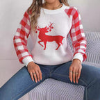 Christmas Women's Casual Plaid Deer Long Sleeve Pullover Sweater Dazzle Frenzy