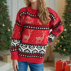Christmas Casual Red Deer Jacquard Women's Long-sleeved Round Neck Sweater Dazzle Frenzy