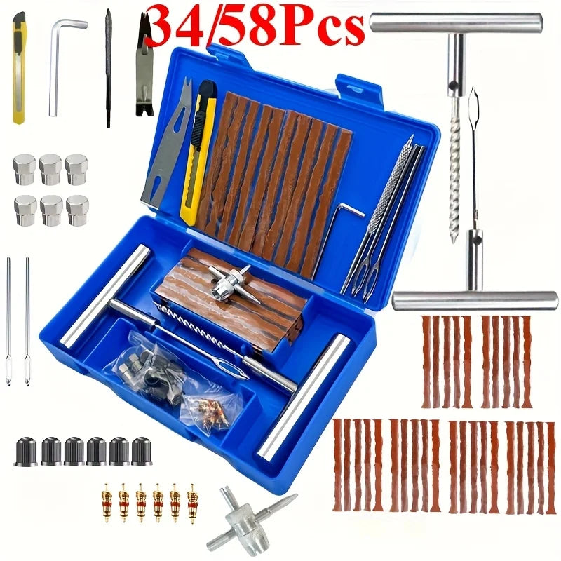 2025 Viral 34/58Pcs Auto Tire Repair Kit - Puncture Plug Tools for Cars Vans Motorcycles Bikes Dazzle