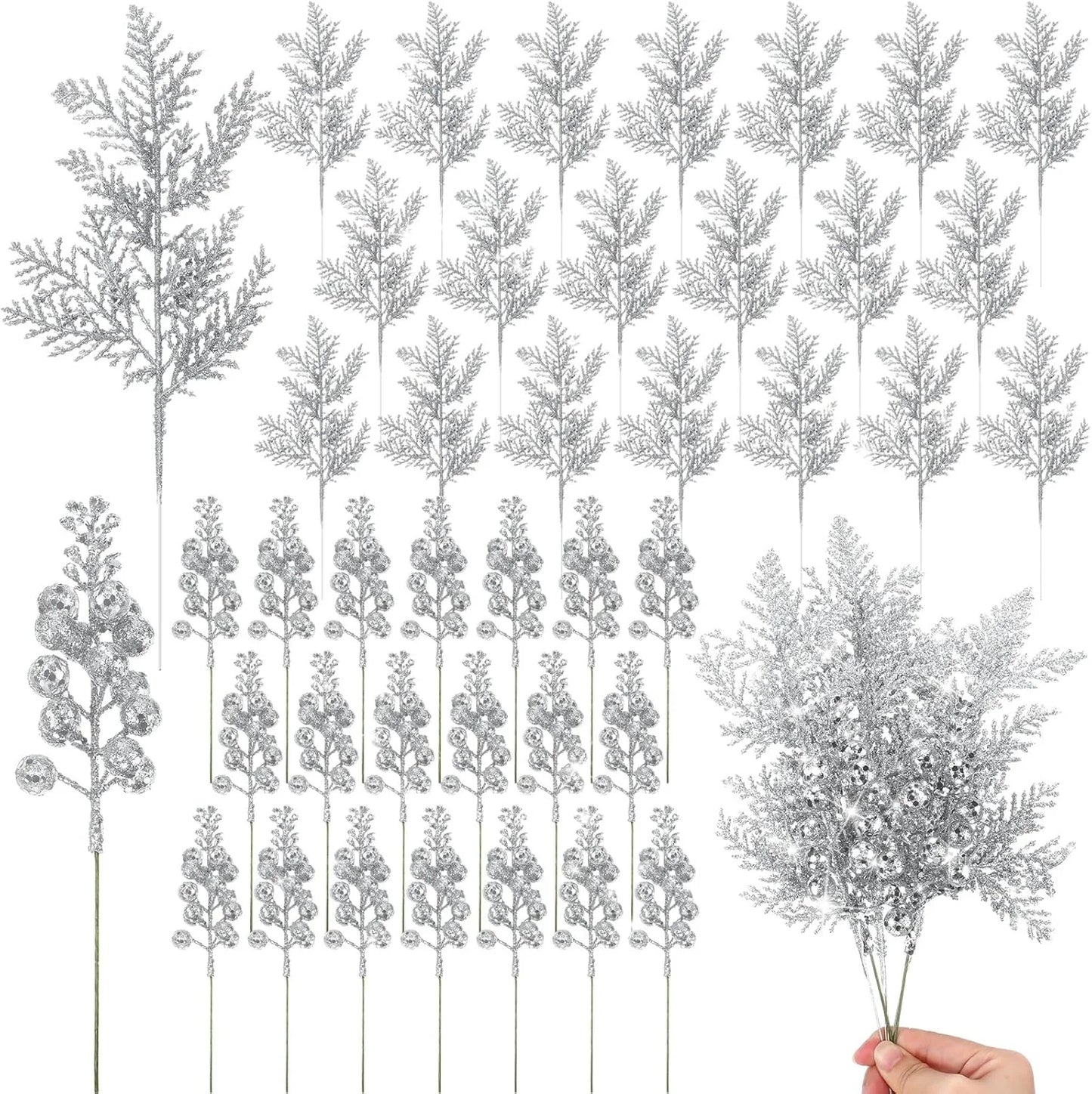 Luxury Glitter Christmas Bouquets Set – 5 Artificial Red Berry Stems + 5 Frosted Pine Needle Picks with Sparkling Glitter | Premium Xmas Tree & Wreath Decorations 2025