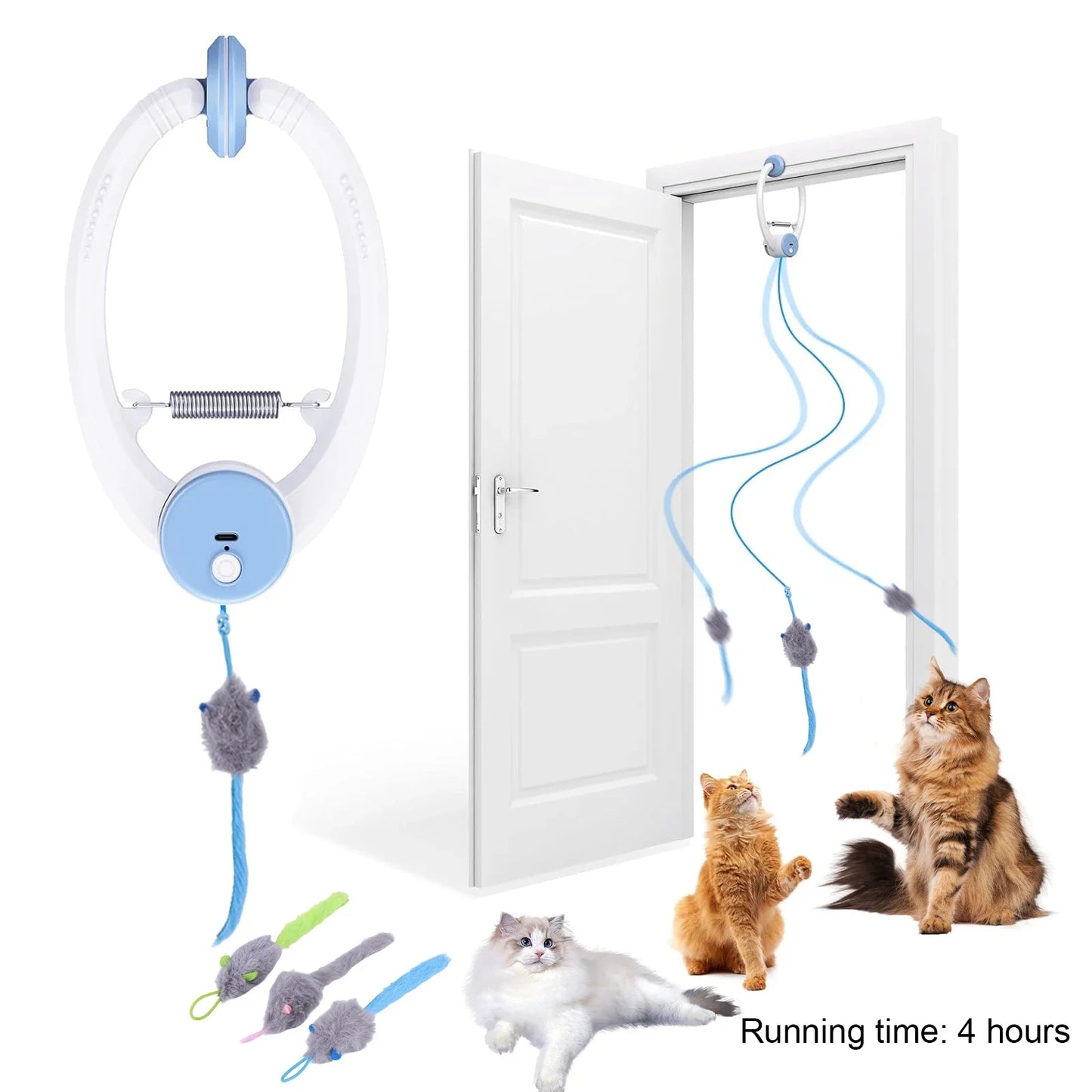 Automatic Retractable Door-Hanging Cat Toy with 3 Catnip Mice & Feathers – 2025 Viral Electronic Self-Play Teaser for Indoor Cats | Motion-Activated Interactive Fun