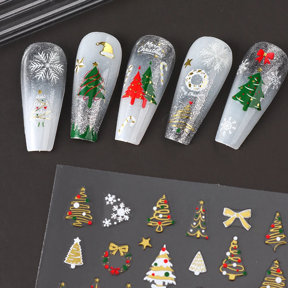 2pcs Golden & Silvery Foil Christmas Nail Stickers Golden Christmas Tree 3D Self-Adhesive Holographic  Manicures Supplies DIY Dazzle Frenzy