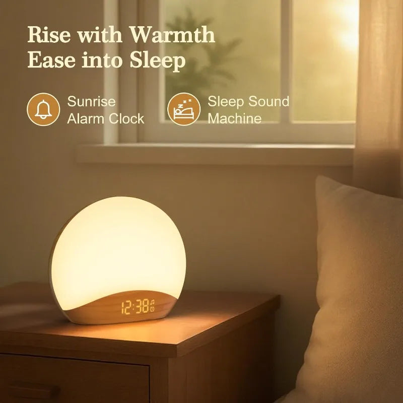 2025 Viral Wood Grain Sunrise Alarm Clock - 26 Soothing Sounds Gentle Wake Dimmable Night Light