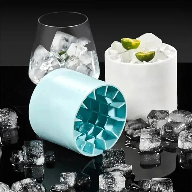 Space-Saving Silicone Ice Cylinder Mold with Lid - Round Ice Ball Maker Bucket for Whiskey, Cocktails & Freezer | BPA-Free Creative Ice Cube Genie (Blue/Grey/Yellow)