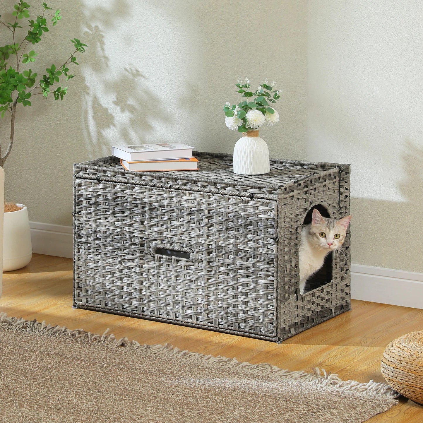 2025 Viral Rattan Cat Litter Box Enclosure - Handwoven Hidden Furniture Odor Control Cat Bed