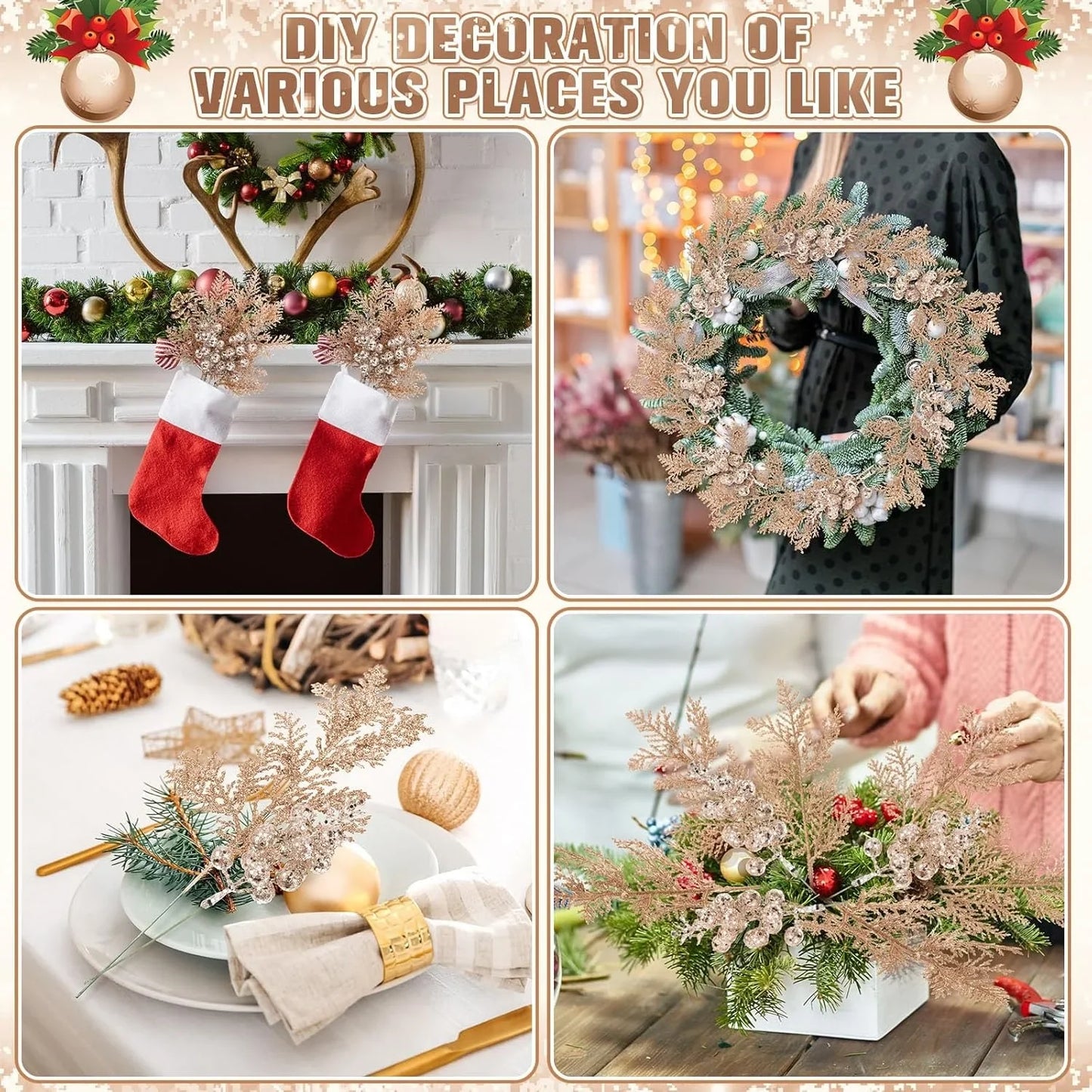 Luxury Glitter Christmas Bouquets Set – 5 Artificial Red Berry Stems + 5 Frosted Pine Needle Picks with Sparkling Glitter | Premium Xmas Tree & Wreath Decorations 2025
