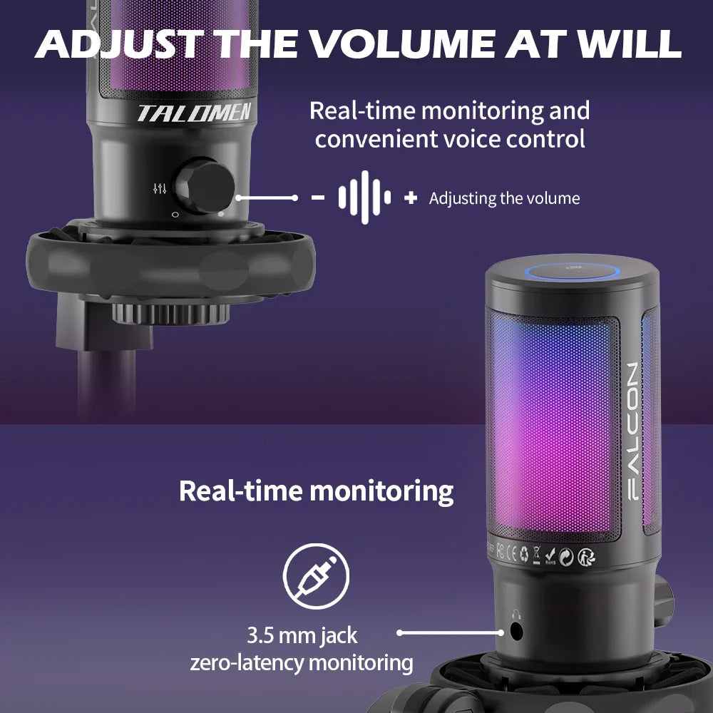 2025 Viral F8S Gaming PC USB Microphone - RGB Condenser Boom Arm Podcast Mic PS4/5 Chat Dazzle