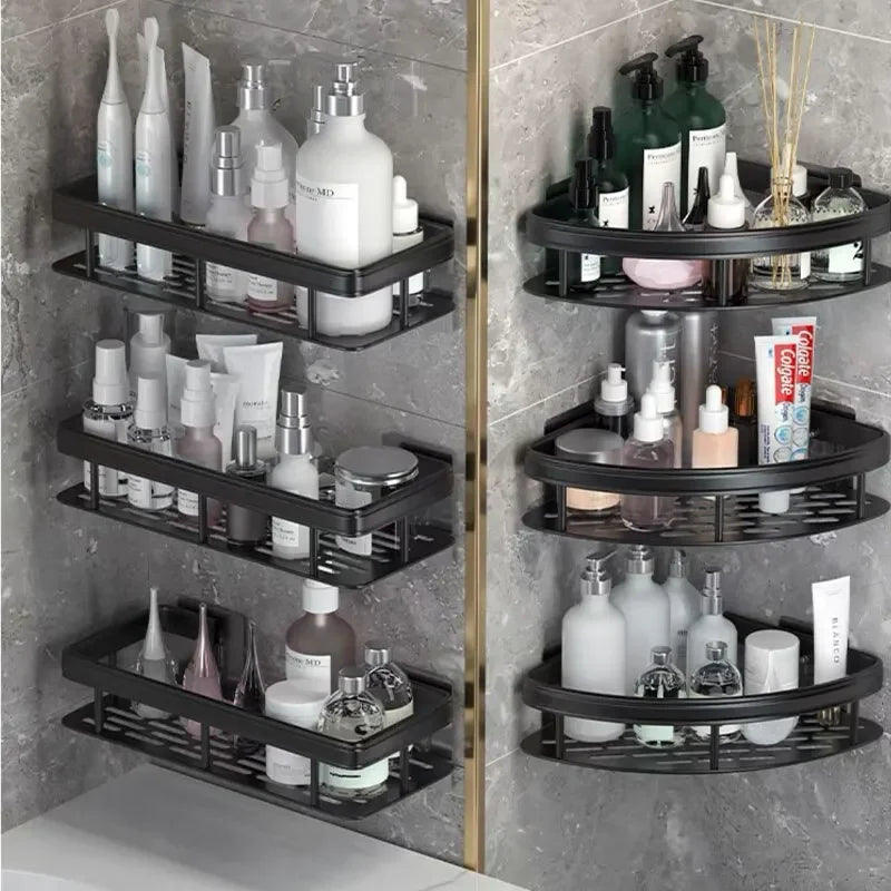 2025 Viral Bathroom Corner Storage Rack - Seamless No-Drill Black Aluminum Shelf Dazzle Organizer