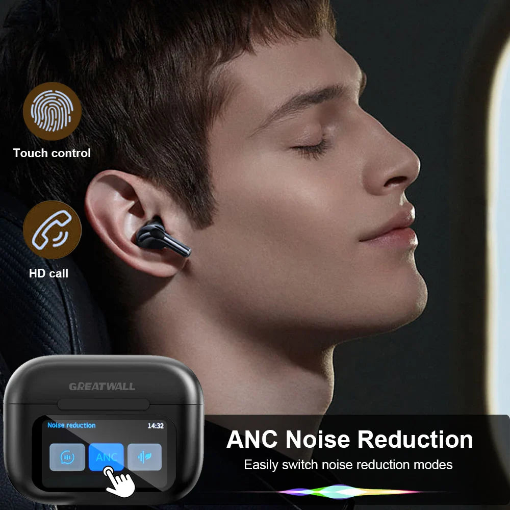 2025 Viral GREATWALL Bluetooth ANC Earbuds - Noise Canceling Gamer HD Mic LED Touch Screen Dazzle