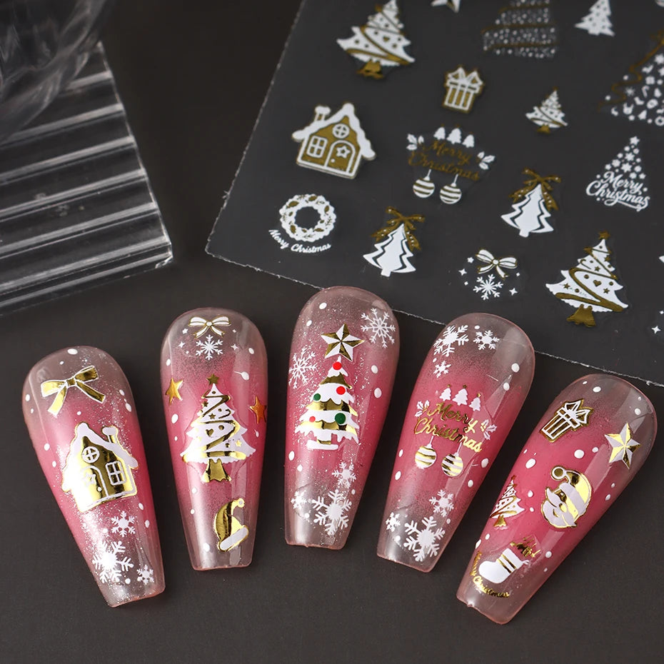 2pcs Golden & Silvery Foil Christmas Nail Stickers Golden Christmas Tree 3D Self-Adhesive Holographic  Manicures Supplies DIY Dazzle Frenzy
