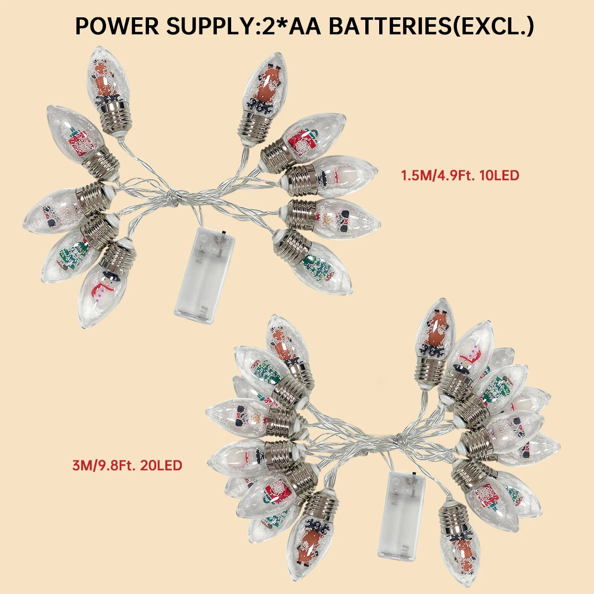 1pc10/20 LED Christmas Snowball Clear Bulb String Lights With Christmas Santa Claus Snowman Tree Gifts Mix Battery Powered Light Dazzle Frenzy