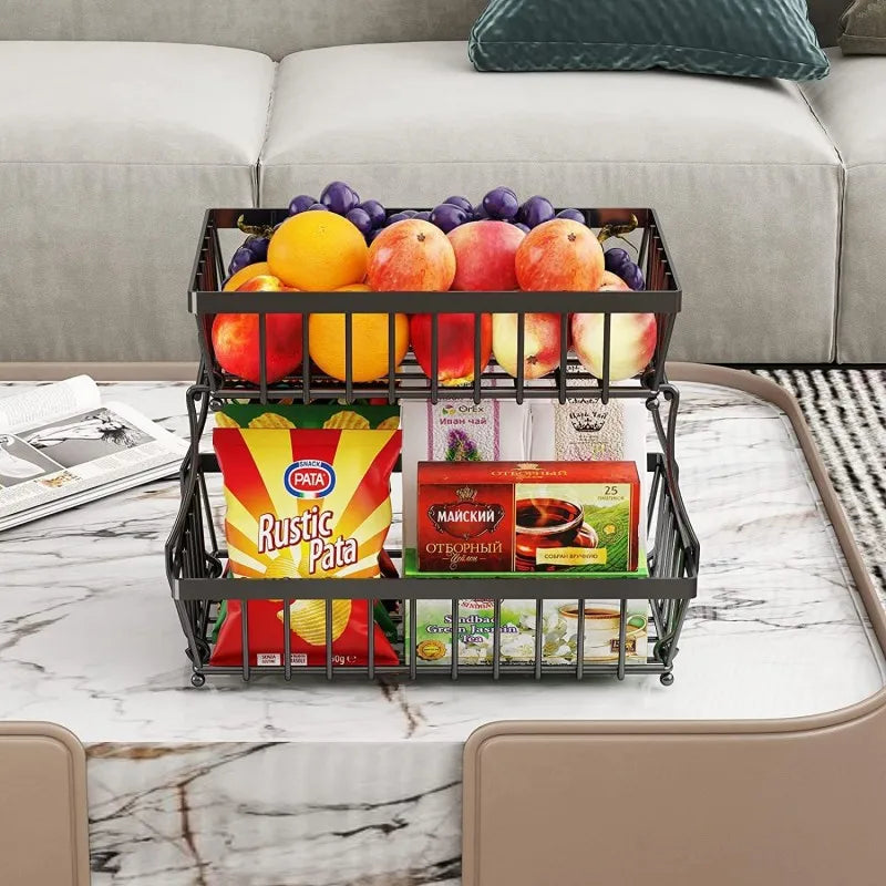 2025 Viral Dual-Layer Fruit Basket - Space-Saving Countertop Organizer Black Wire Dazzle