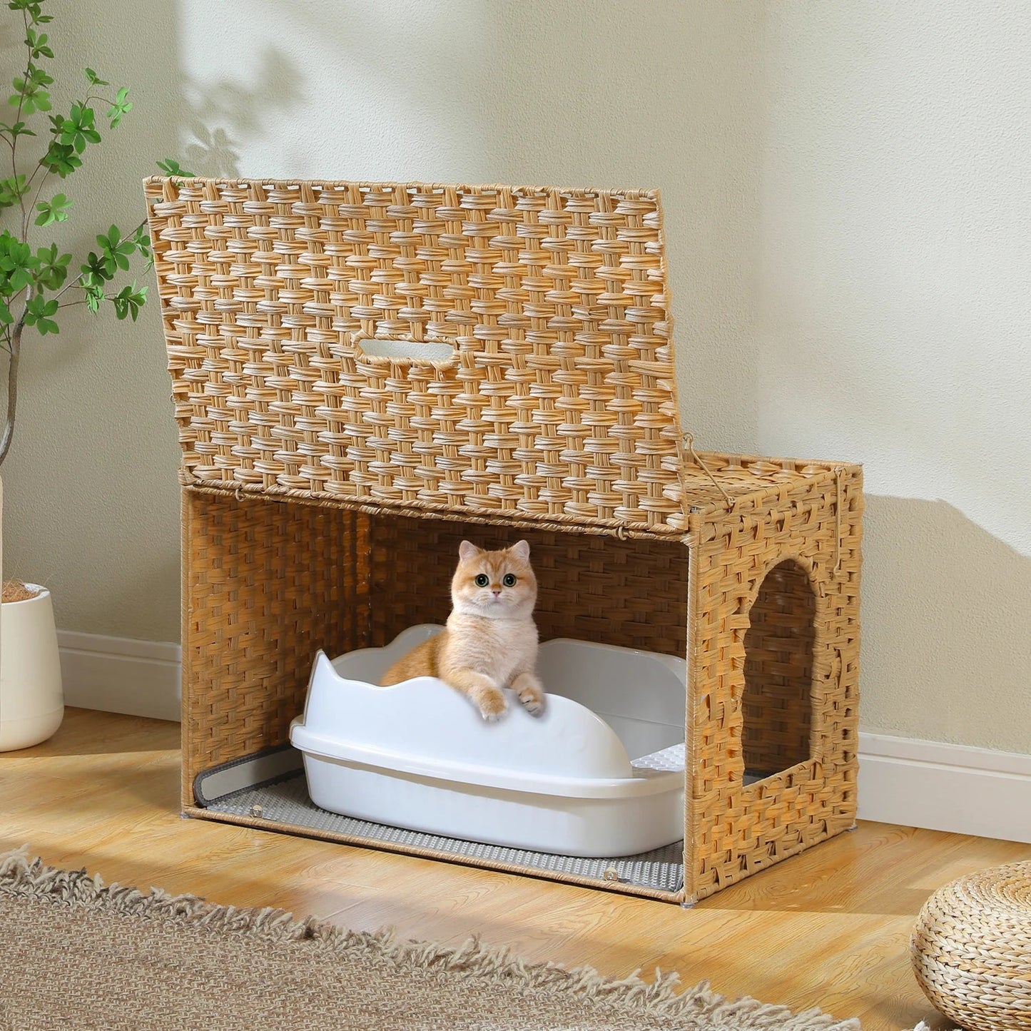 2025 Viral Rattan Cat Litter Box Enclosure - Handwoven Hidden Furniture Odor Control Cat Bed