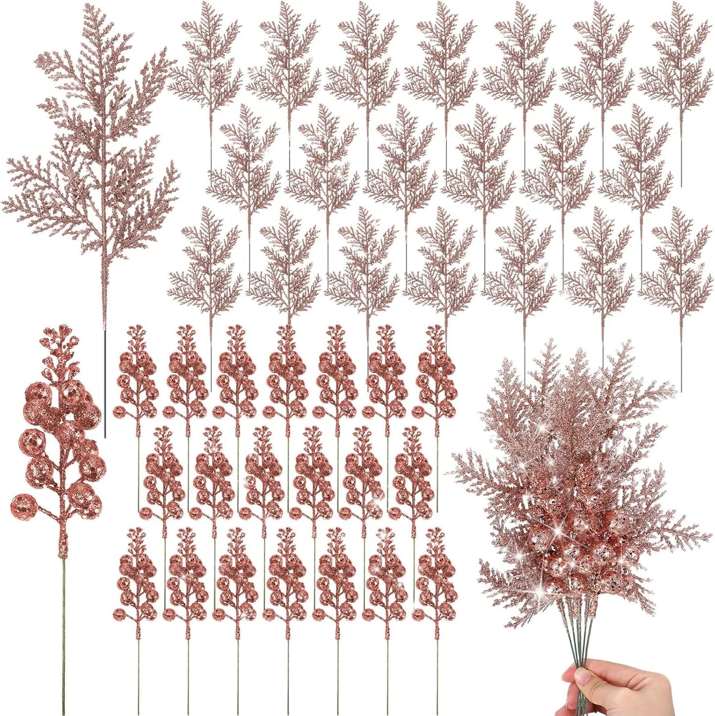 Luxury Glitter Christmas Bouquets Set – 5 Artificial Red Berry Stems + 5 Frosted Pine Needle Picks with Sparkling Glitter | Premium Xmas Tree & Wreath Decorations 2025