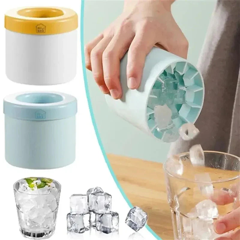 Space-Saving Silicone Ice Cylinder Mold with Lid - Round Ice Ball Maker Bucket for Whiskey, Cocktails & Freezer | BPA-Free Creative Ice Cube Genie (Blue/Grey/Yellow)