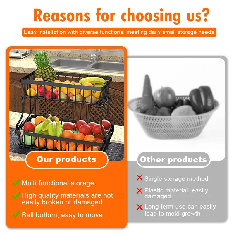 2025 Viral Dual-Layer Fruit Basket - Space-Saving Countertop Organizer Black Wire Dazzle