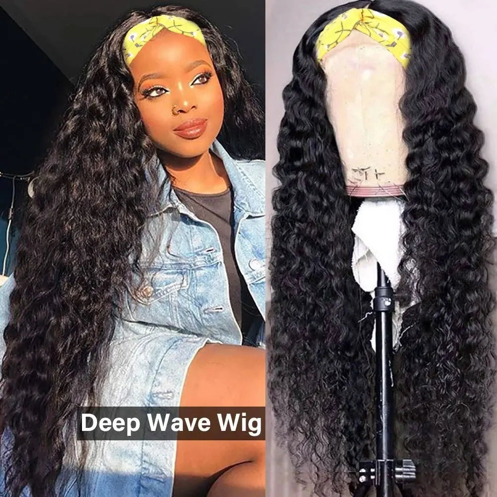 2025 Viral Rebasar Curly Headband Wig - 24" Deep Wave Glueless Human Hair Black Wig for Women