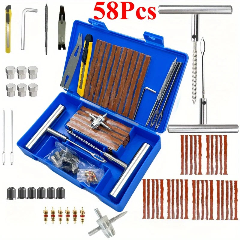 2025 Viral 34/58Pcs Auto Tire Repair Kit - Puncture Plug Tools for Cars Vans Motorcycles Bikes Dazzle
